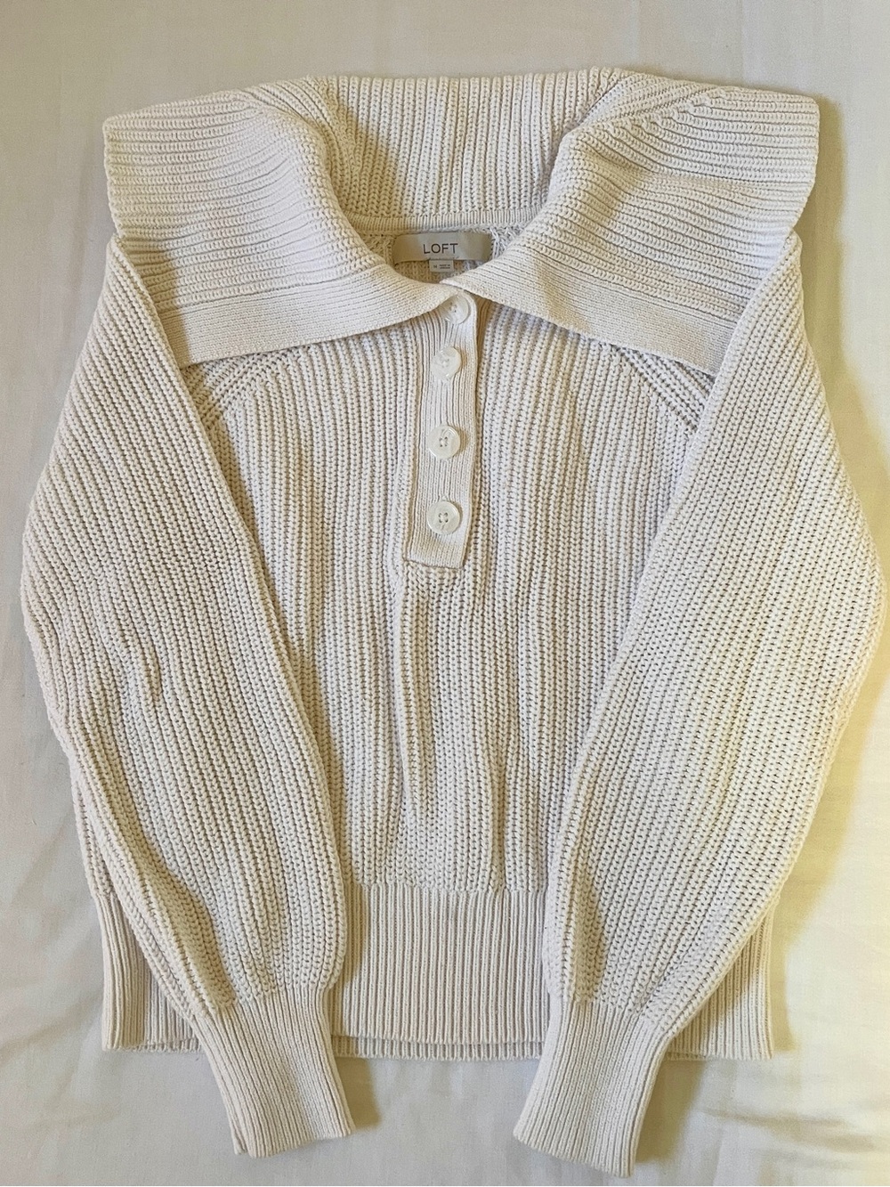 LOFT Cream Ribbed Sailor Collar Button Pullover Sweater